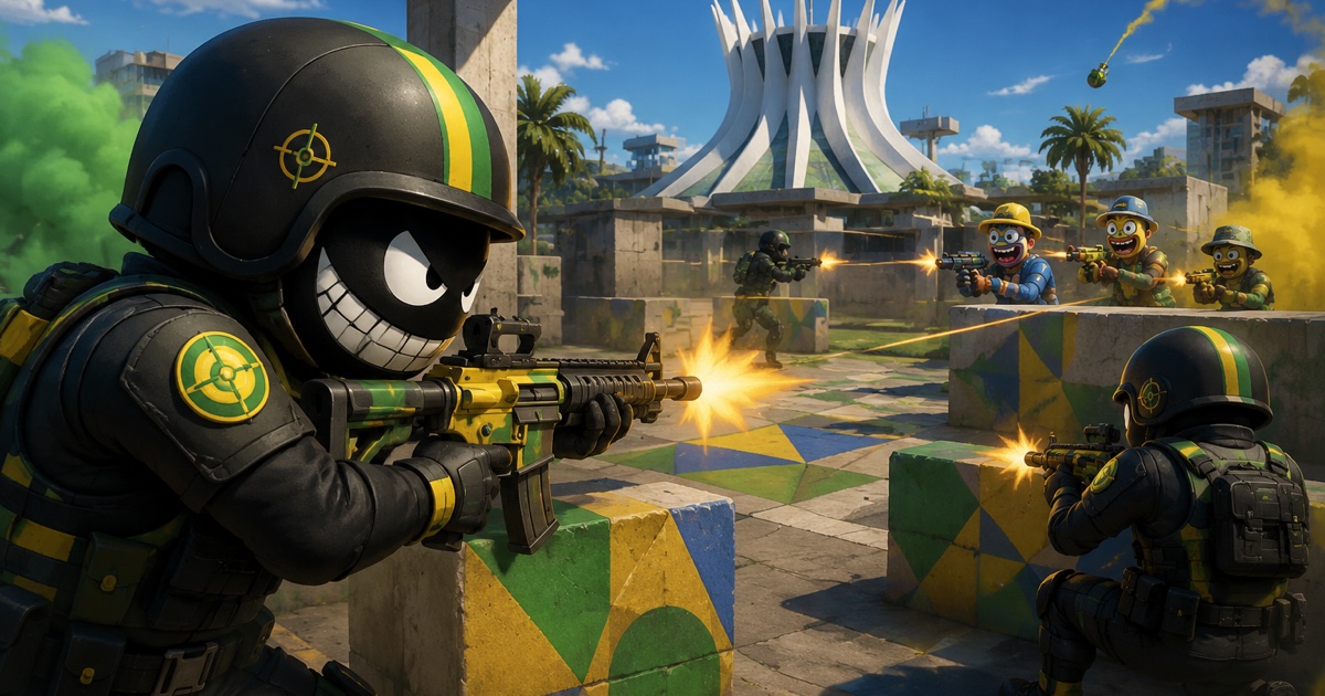 CS Brasil promotional artwork with goofy fighters in a Brasilia-inspired arena